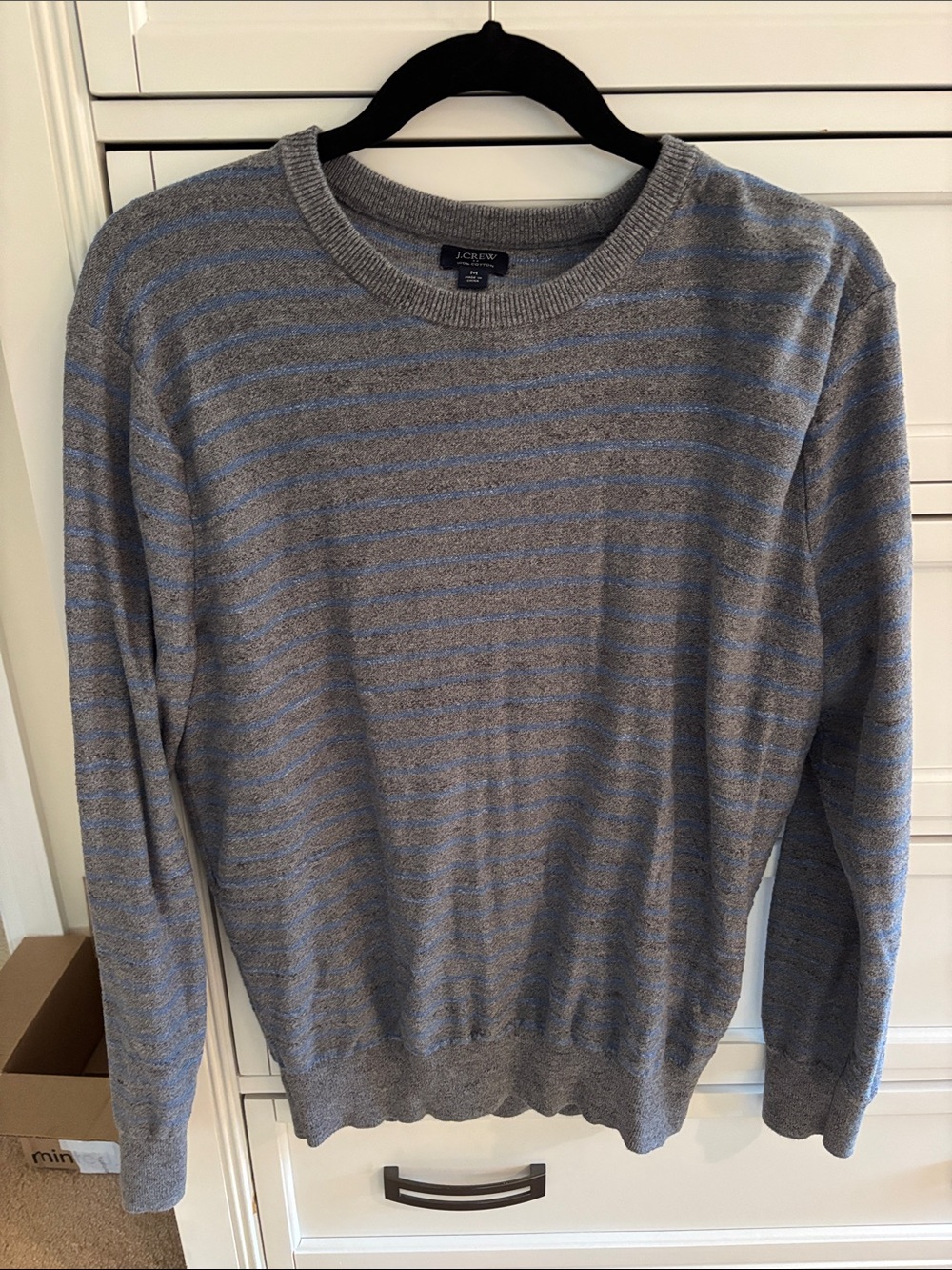 J. Crew Men's Gray Crewneck Sweater with Light Blue Stripes
